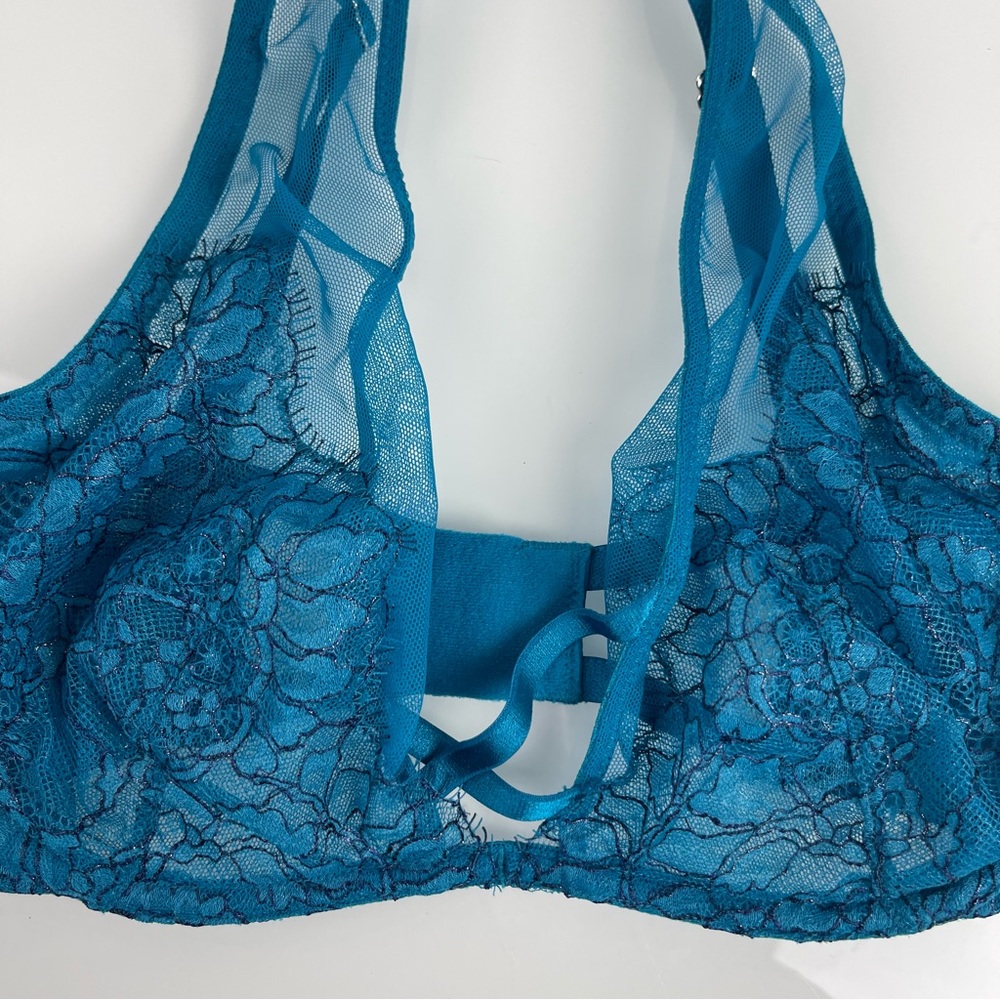 Victorias Secret Bra Very Sexy Unlined Plunge Sheer‎ Floral Blue Purple Halter - Picture 4 of 8